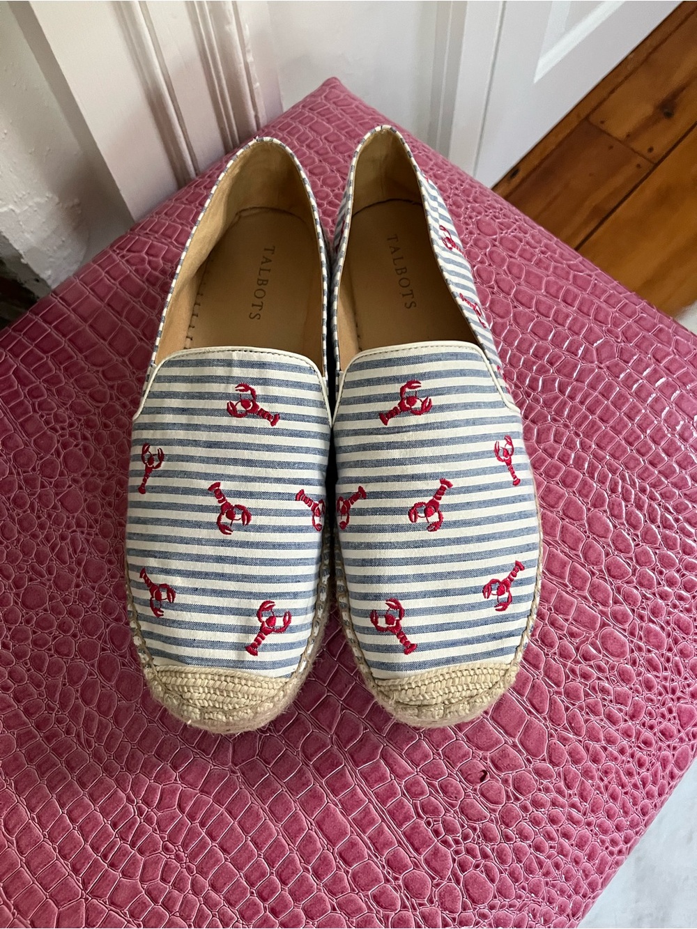 Talbots Blue and White Striped Espadrilles with Red Lobster Motif